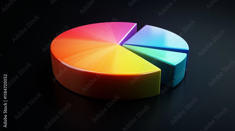 Poster a creative d pie chart with animated effects, displaying vibrant colors and smooth transitions betwe