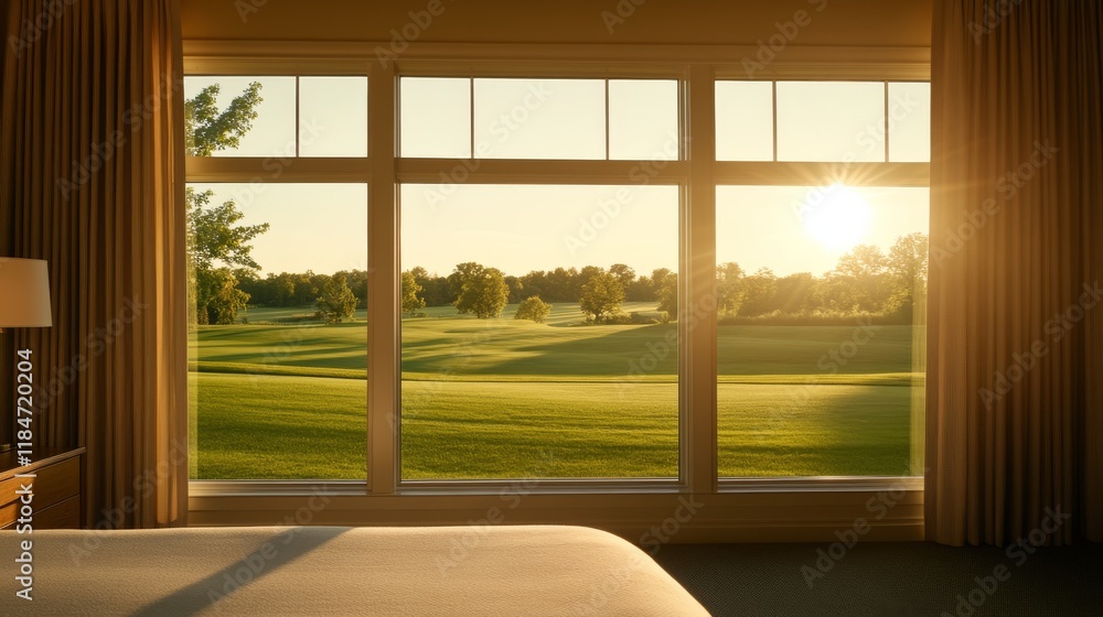 Poster soft morning light streams through a large window in a cozy bedroom, showcasing a peaceful view of l