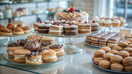 College Cafeteria. Delicious assortment of desserts and pastries displayed on elegant stands, tempting selection for sweet lovers, copy space
