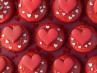 Obraz premium Delicious cupcakes with red cream and heart-shaped decoration. Valentine's day. AI generation.