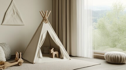 A simple yet inviting child room features a small tent, soft textures, and wooden toys, creating a calm minimalist space.