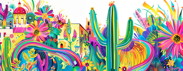 Southwestern page border with colorful Mexican mural elements