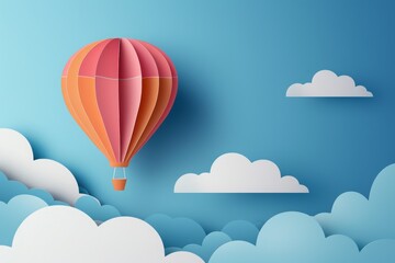 Obraz premium A colorful paper art hot air balloon floats gently in a bright blue sky surrounded by fluffy clouds, showcasing a whimsical adventure high above the landscape during a sunny day