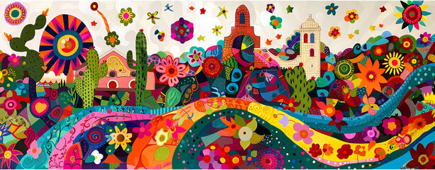 Southwestern page border with colorful Mexican mural elements