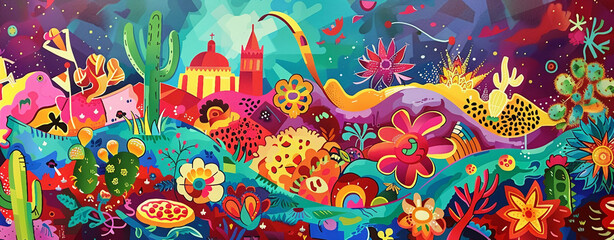 Southwestern page border with colorful Mexican mural elements