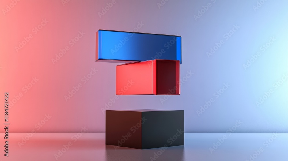 Poster abstract composition of geometric shapes floating over a cube with neon lights