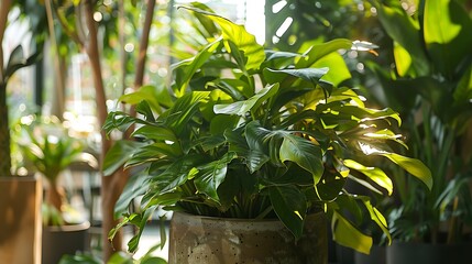 Obraz premium Houseplants in a pot on the windowsill. Sunlight