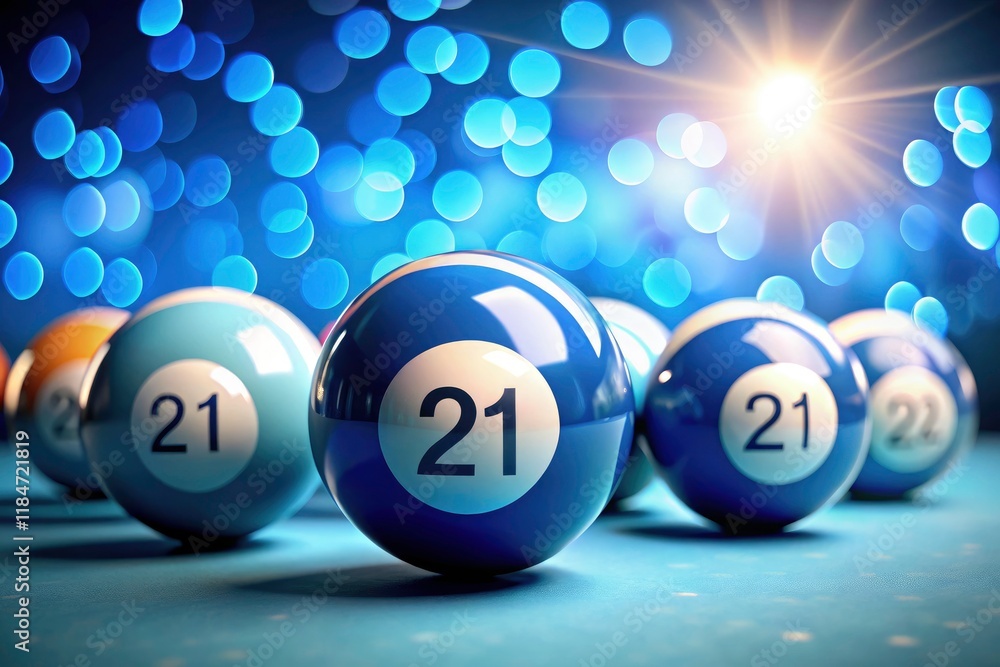 Poster 2021: a captivating image of glowing blue pool balls arranged in numerical formations.