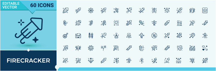Firecracker icons set in linear style. Includes icons for festive, graphic, Fireworks, element, spark and more. Pixel perfect. Editable vector icon and illustration.