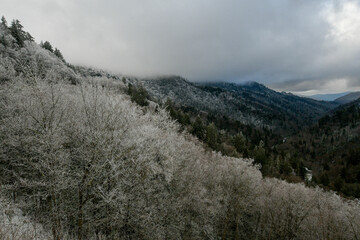 Winter snow falls in the Gatlinburg Mountains of Tennessee