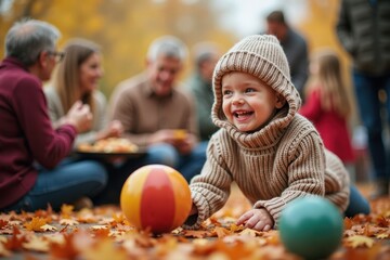 Fototapeta premium A joyful child in a cozy sweater is playing with a colorful ball at a Thanksgiving festival. In the background, families are enjoying food and chatting under festive fall decorations