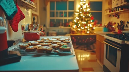 Naklejka premium Warm kitchen scene with freshly baked Christmas cookies cooling on a rack, a decorated tree twinkling in the background.