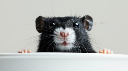 Close-up of a curious black rat peeking over a white bowl.