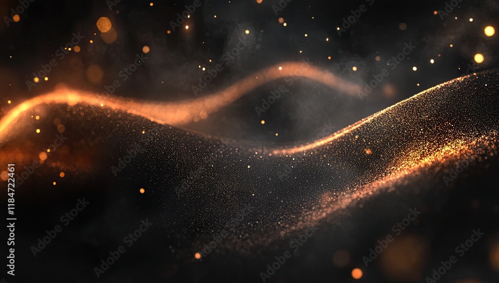Poster a gold particle-filled abstract scene, with waves and light, sparkling with star-like dots