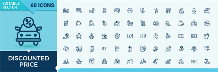 Discounted Price linear icon collection. Icons mark, buy, percent, sale, shopping, promotion, payment, web. Symbol. Editable vector outline and solid icons.