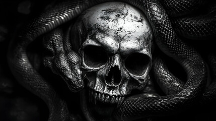 A skull and snake image in black and white