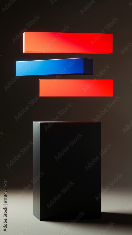 Poster black pedestal supporting floating red and blue bars creating an abstract composition