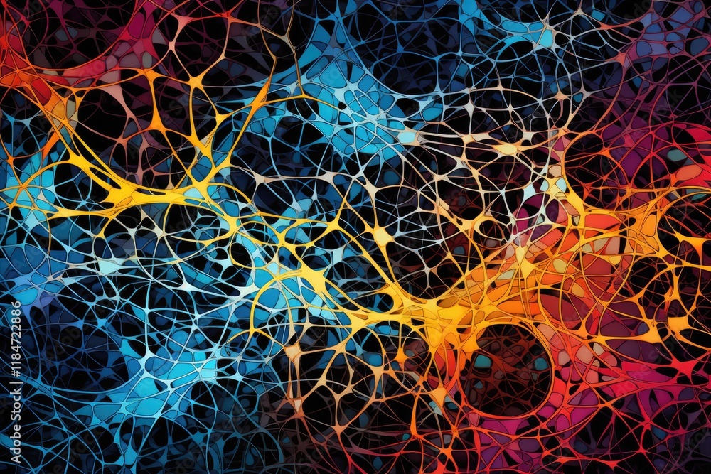 Poster complex abstract representation of a neural network showcasing vibrant colors and intricate patterns