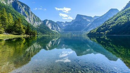 Fototapeta premium Calm lake with crystal-clear water reflecting surrounding mountains and trees under a blue sky
