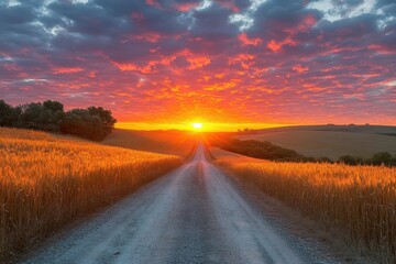 panoramic rural highway through golden wheat fields under dramatic sunset sky with vibrant orange and purple clouds stretching to horizon