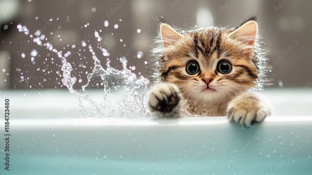 Poster a curious cat perched on the edge of a bathtub, playfully splashing water with its paw while the wat