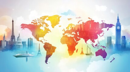 Colorful world map with famous landmarks and travel elements.