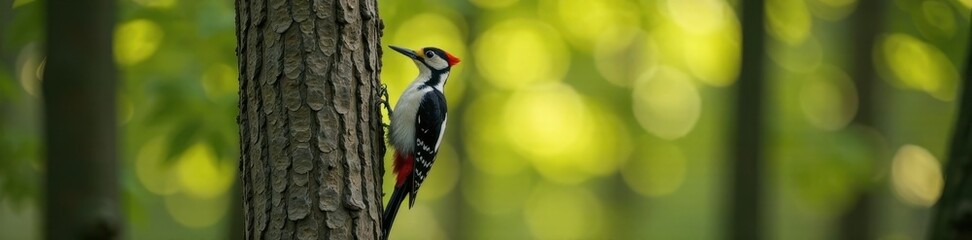 Naklejka premium Woodpecker perches on tree trunk, gazing left , nature, perch, morning light