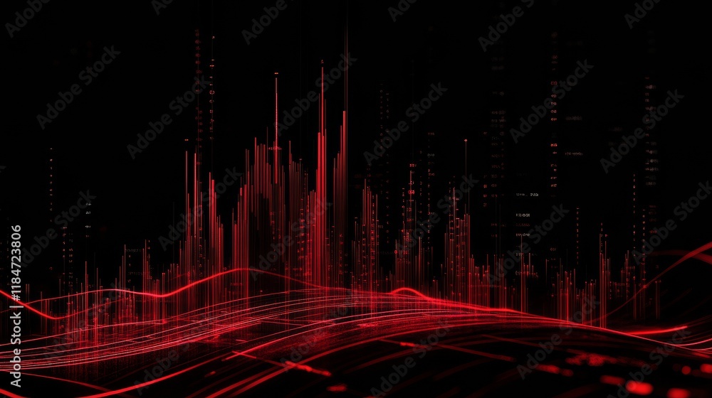 Poster red digital lines rising from a wavy surface creating a cityscape skyline on black background