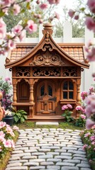 An adorable intricately crafted vintage wooden dog house.