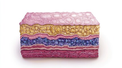 Layered skin anatomy, showing epidermis to hypodermis, isolated on white, detailed educational illustration