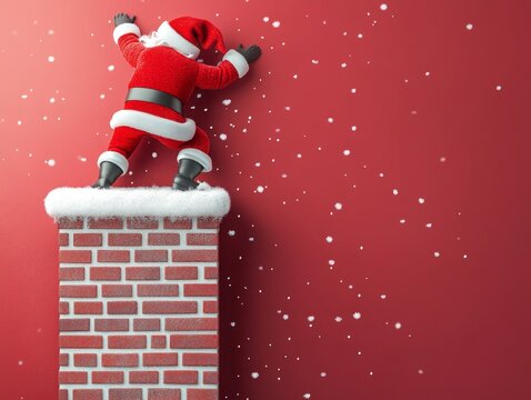 Santa Claus Climbing a Brick Chimney in Snow