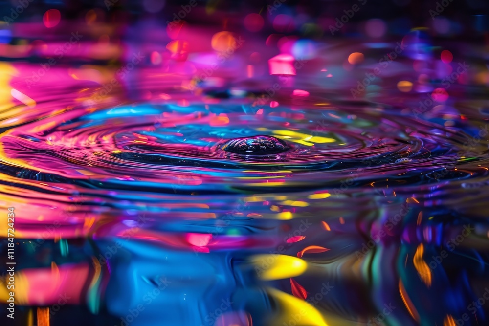 Poster ripples of energy create mesmerizing patterns in a neon-infused liquid realm during a vibrant displa
