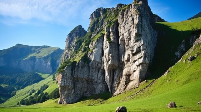 Sharp Crag on Alpine Pasture with Caltun Mountain Peak in Background, Carpathia Romania