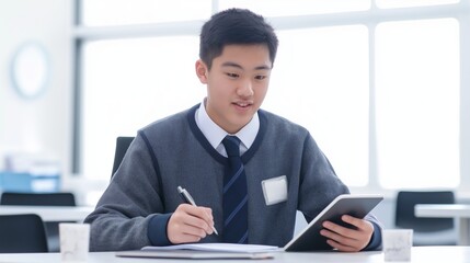 Concentrating young student taking notes while using a tablet in a classroom, diligently preparing for an exam or completing homework assignments with focus and determination