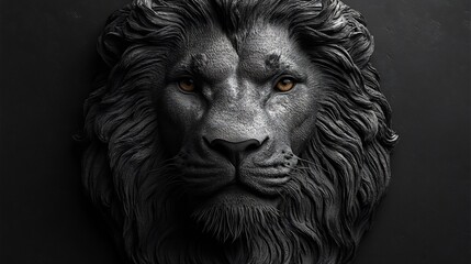 Majestic black lion head sculpture, detailed, dark background.
