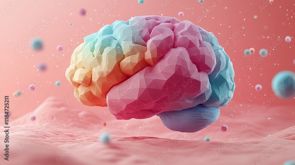 Poster polygonal brain floating on pink background representing creativity and imagination
