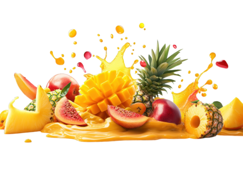 artistic splash of tropical fruits, isolated on transparent background