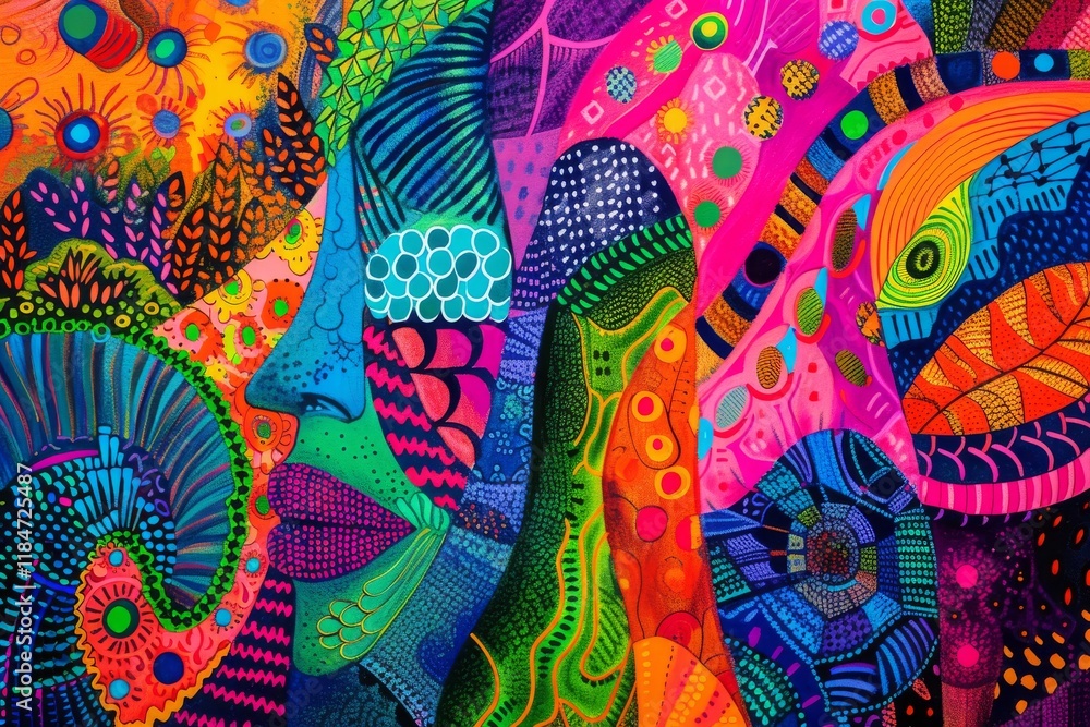 Poster vibrant abstract patterns showcasing rhythmic energy and colorful facial expressions in a lively con