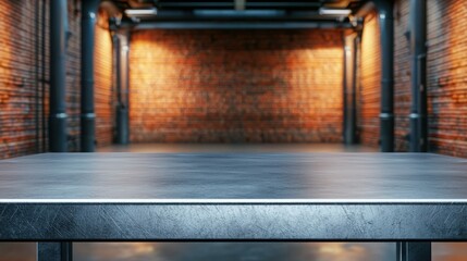A brushed metal table surface in the foreground, paired with a blurred industrial setting featuring exposed pipes and brick walls