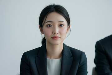 Young asian businesswoman sitting confidently in a meeting, engaging actively with colleagues during a business conference, embodying professionalism and determination