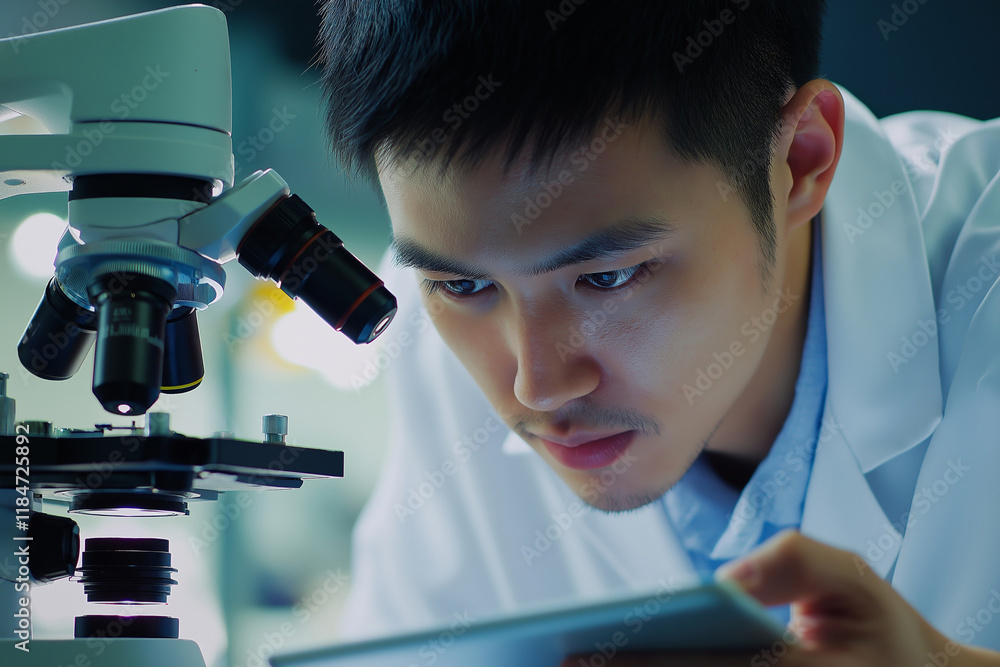 Poster young scientist wearing lab coat using microscope and consulting digital tablet, working late at nig