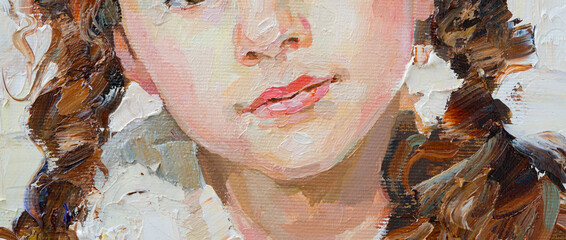 Fragment of an oil painting.  Portrait of a woman. The art is done in a realistic manner.