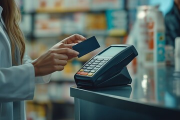 Female pharmacist holding a credit card over a nfc terminal, processing a contactless payment transaction for pharmaceuticals in a modern drugstore