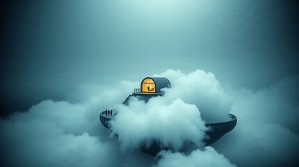 Dramatic surreal landscape with a floating retreat on rocky island surrouned with clouds