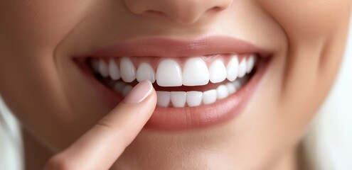 Fototapeta premium Close-up of a smiling woman proudly displaying her perfect white teeth while gently touching one with her fingertip, emphasizing the importance of dental care and beauty