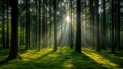 Obraz premium Scenic forest clearing with sunlight streaming through tall pine trees onto a mossy floor