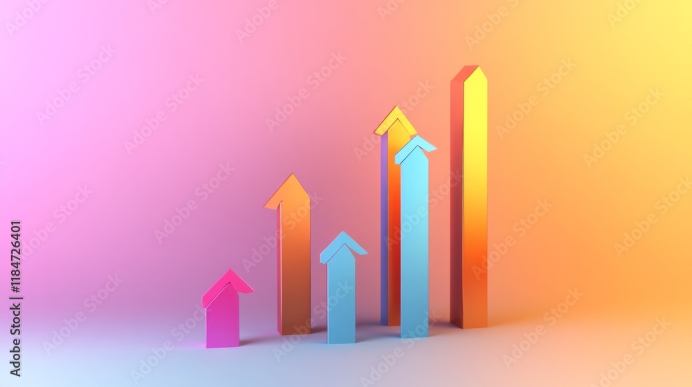 Poster A dynamic D bar graph with arrows pointing upward, set against a gradient background, symbolizing data trends, economic growth, and financial success.