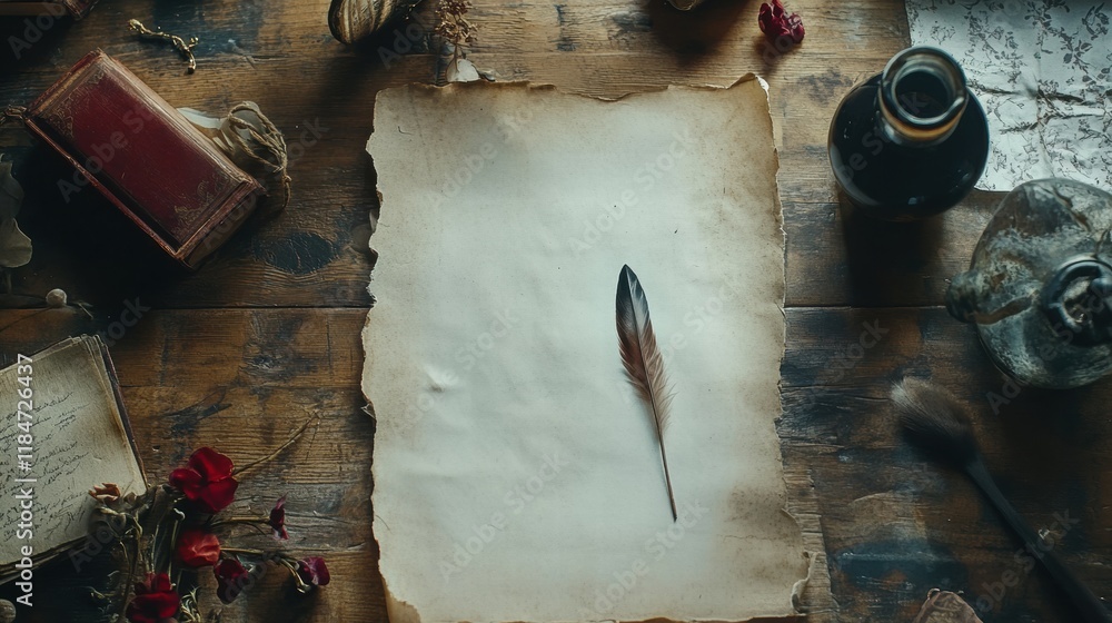 Poster crafting words with calligraphy tools featuring a feather quill, ink, and parchment on a rustic wood