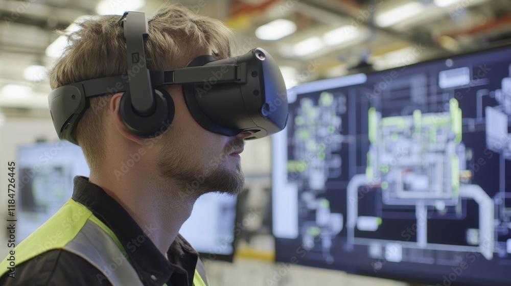 Poster industrial engineer wearing a vr headset is analyzing machinery schematics displayed on a large scre