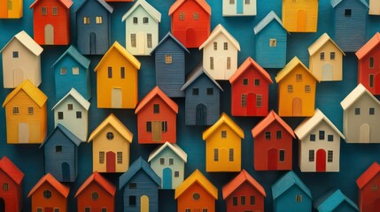 Colorful miniature houses on a blue background, representing community, neighborhood, or real estate.